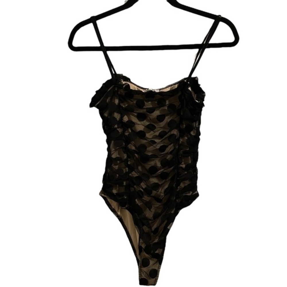 LECH Black Lace Trim Polka Dot Bodysuit Size Small
